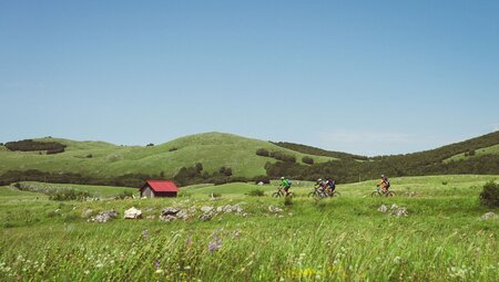 Travellers in gear cycling Durmitor National Park in Montenegro