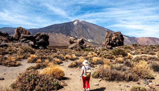 Hiking in Teide National Park approaching Mount Teide volcano on Tenerife in the Canary Islands of Spain