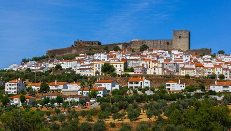 The old town of Castelo De Vide with the castle behind it in Portugal