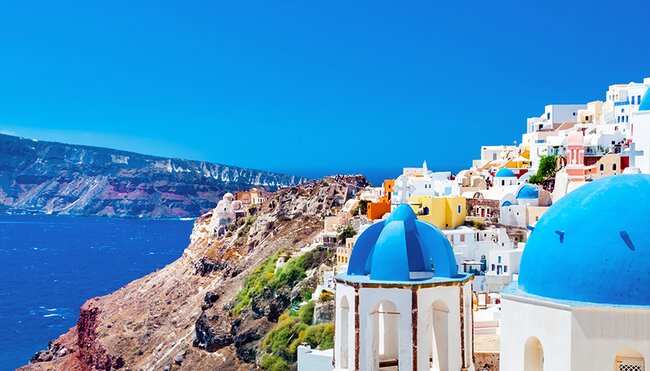 Blue sky and blue water of Santorini in Greece