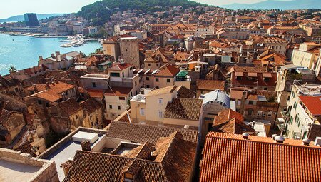 Aerial view of old town buildings and harbour, Split, Croatia