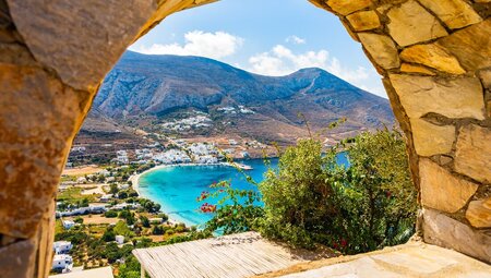 Amorgos island and town viewed from an arched window in the Cyclades