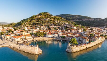 Aerial view of coastal town of Nafpaktos in Greece