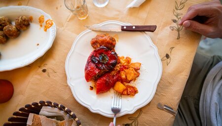 A plate of fresh cooked vegetables from a cooking class in Naxos