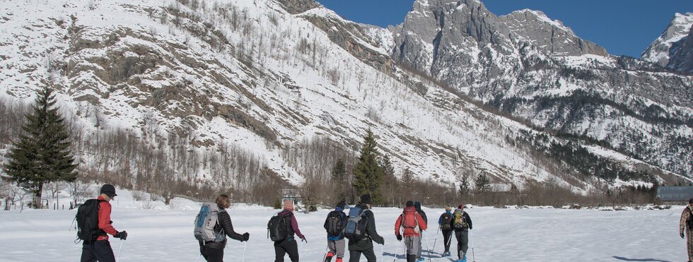 Schneeschuhwanderer vor Bergkulisse 