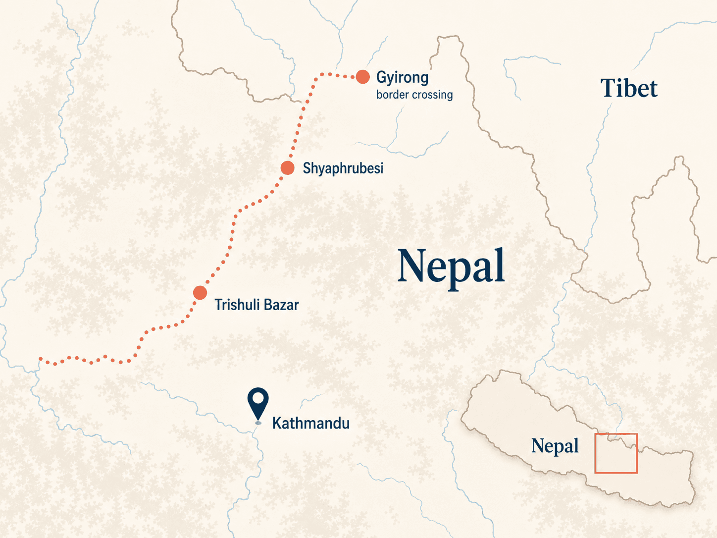 Karte des Katastrophengebiets im Norden Nepals: der Flusslauf vom Grenzübergang Gyirong über Shyaphrubesi und Trishuli Bazar in Richtung Kathmandu, mit einer Übersichtskarte, die die Region in Nepal verortet.