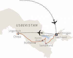 Reiseverlauf während der geführten Wanderreise - Taschkent/Samarkand/Buchara/Chiwa