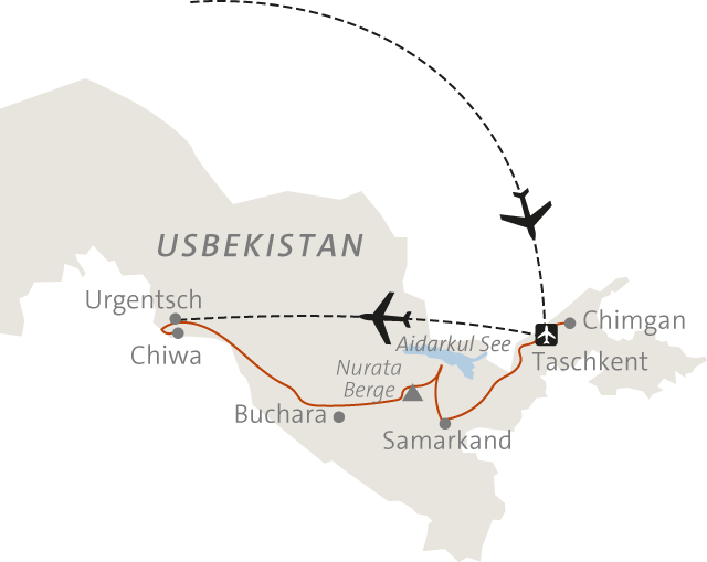 Reiseverlauf während der geführten Wanderreise - Taschkent/Samarkand/Buchara/Chiwa