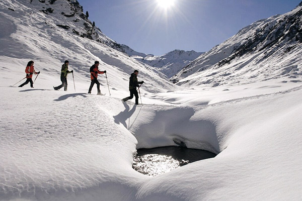 Vier Schneeschuhwanderer hintereinander über Schneelandschaft und Gewässer