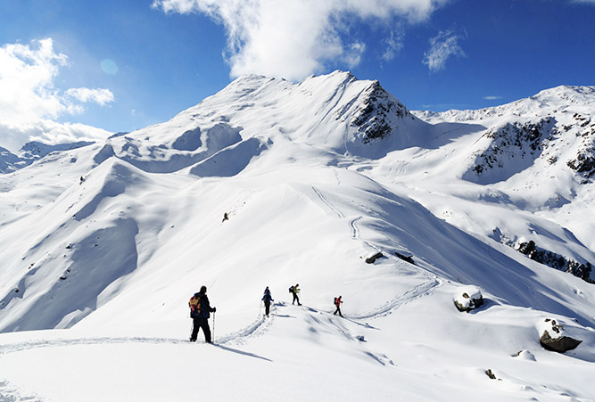 Vier Schneeschuhwanderer gehen Richtung Gipfel