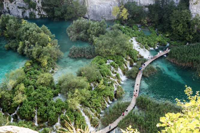 Eine geschwungene Holzbrücke auf türkisen Seen, grüne Bäume