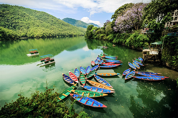 Bunte Boote am Phewa See, Nepal