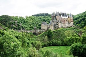 Eine Burg mit spitzen steinernen Türmen im Wald