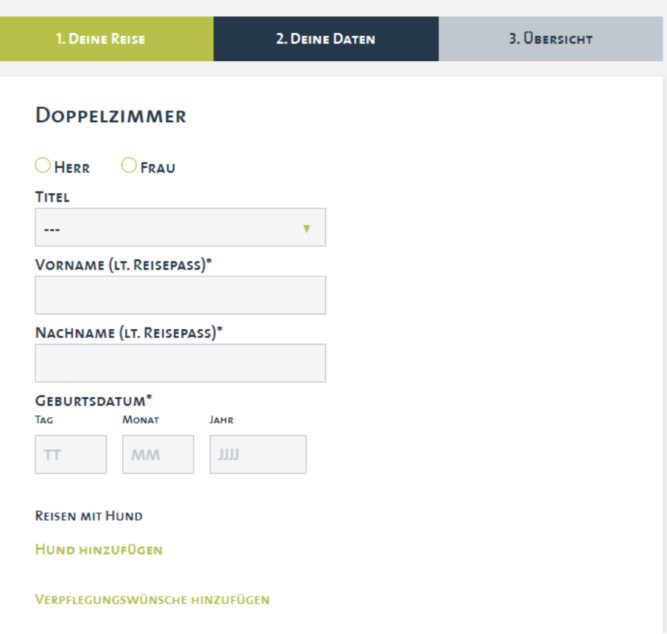 Dateneingabe für die Reisebuchung mit Hund