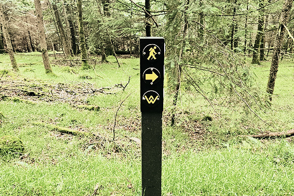 Typischer irischer Wegweiser mit gelben Männchen und gelben Pfeil