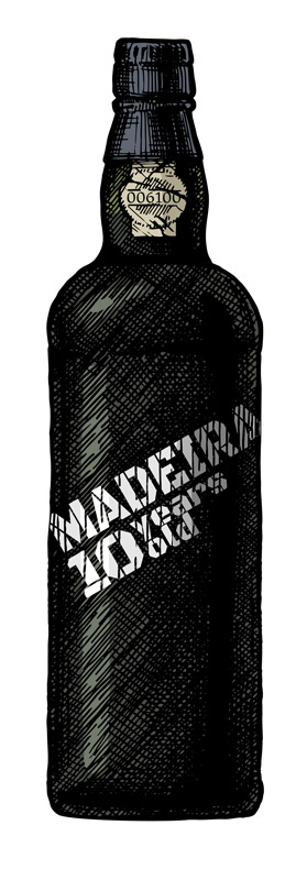 schwarze Weinflasche mit weißer Aufschrift "Madeira - 10 years old"