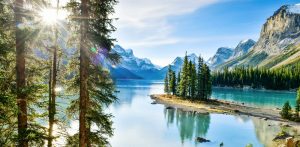 Maligne Lake, Bäume und Berge im Hintergrund, Jasper Nationalpark, Kanada