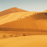 Menschen wandern auf den Dünen der Namib Wüste