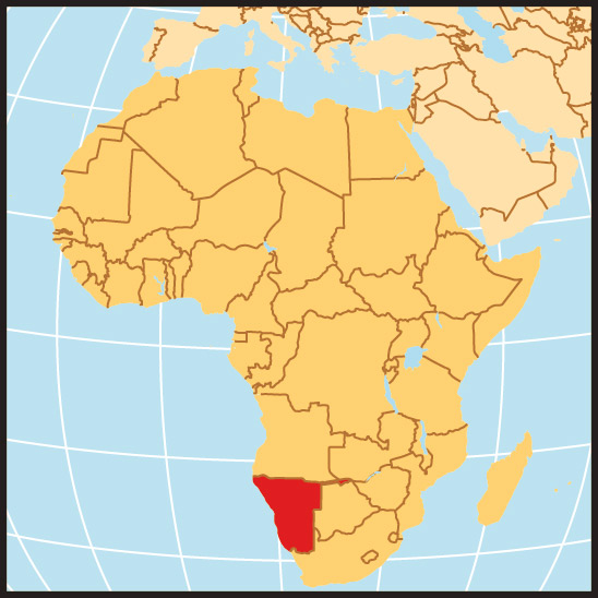 Eine Landkarte von Afrika mit dem rot markierten Land Namibia