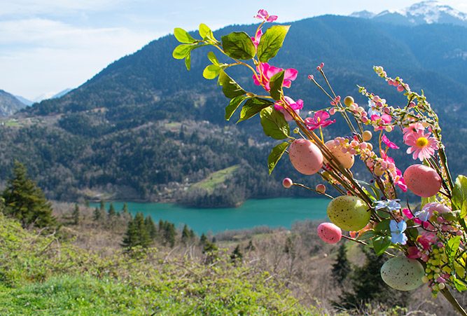 Osterstrauch vor dem Plastiras See, Griechenland