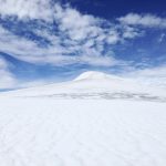 Weiße Schneefläche und leicht bewölkter, blauer Himmel.