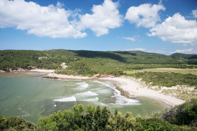 Wellen die an eine Bucht mit hellem Sandstrand kommen. Umgebung Bäume. Blauer Himmel und Wolken