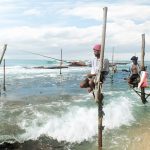 Mehrere Männer auf dünnen Stöcken die im Meer stehen, Angelruten in der Hand