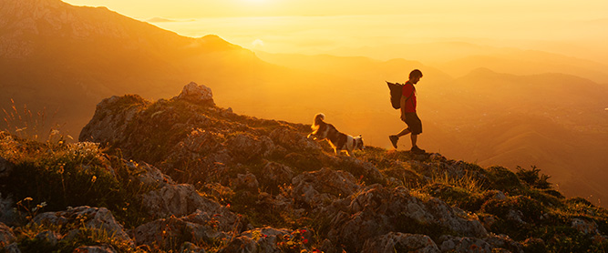Wanderer mit Hund bei Sonnenuntergang auf dem Berg