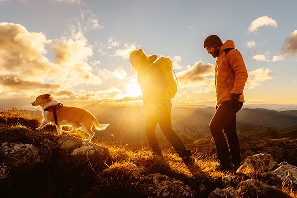 Zwei  Wanderer mit ihrem Hund bei Sonnenaufgang auf dem Berg