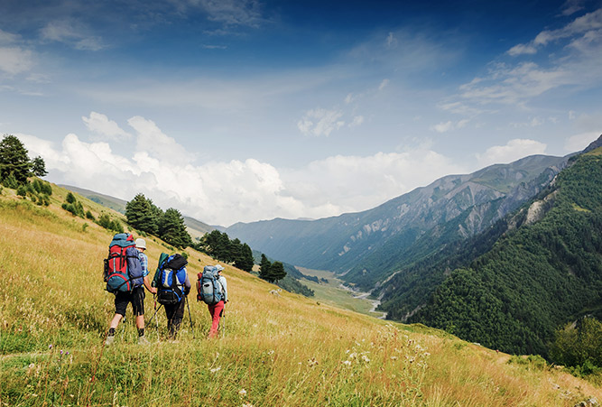 Drei Wanderer gehen auf Almwiese Richtung Tal