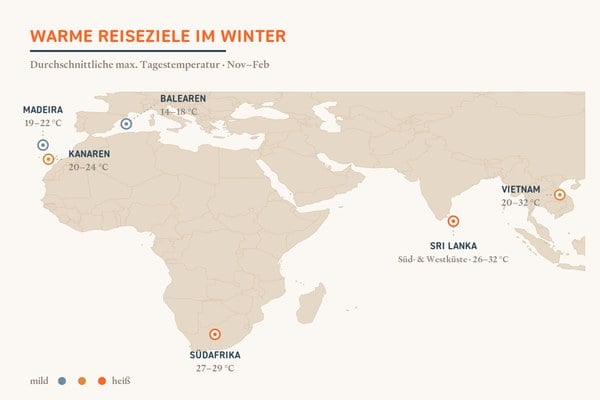 Karte mit den warmen Reisezielen im Winter Madeira, Balearen, Kanaren, Südafrika Sri Lanka und Vietnam und den zugehörigen Temperaturen