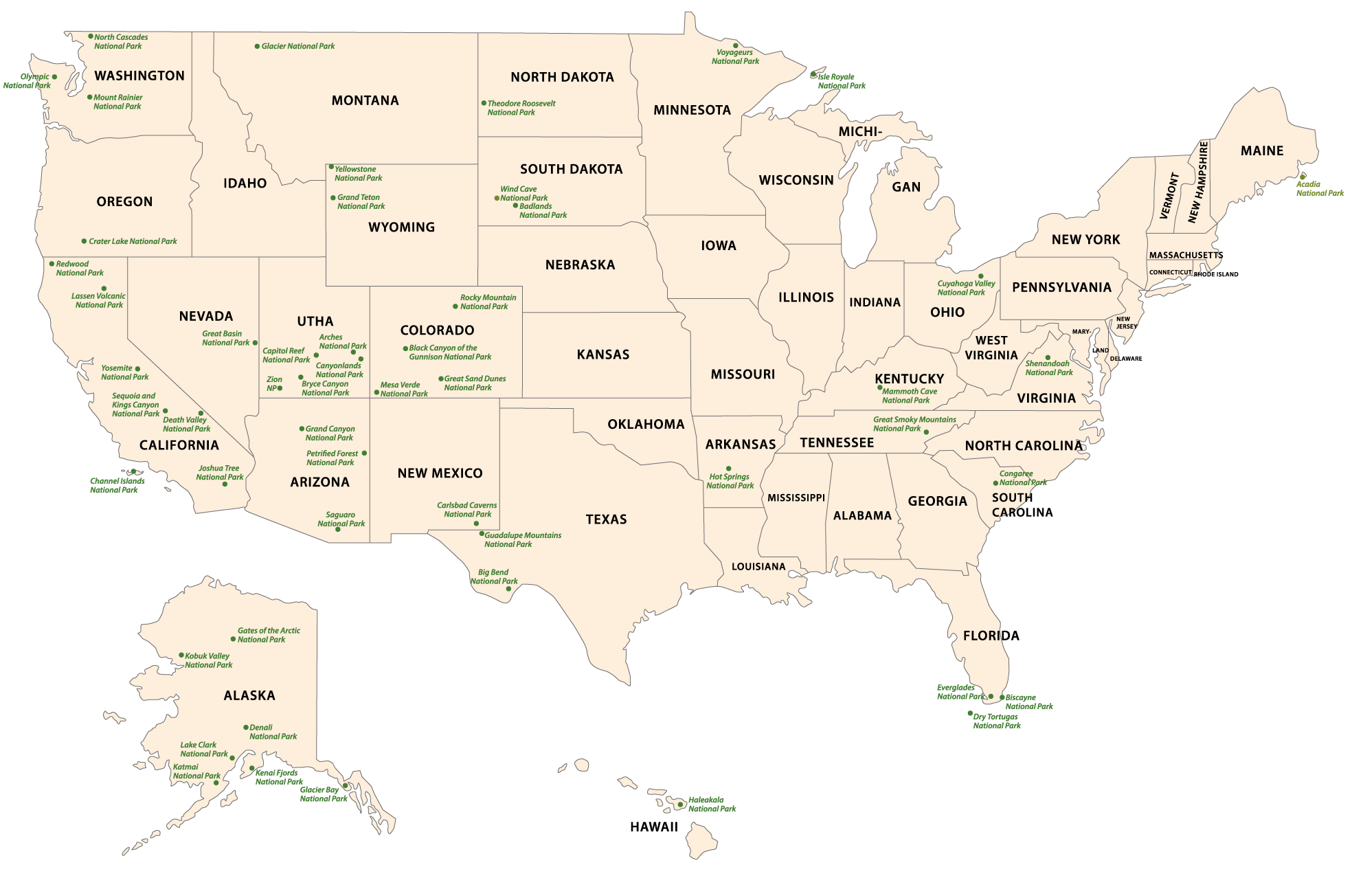 Übersicht der Nationalparks in den USA auf einer Landkarte